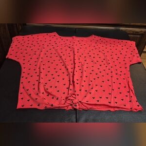 A.T.U.N. Women's Plus Size 3X Red Black Heart Print Tie-Front 100% Cotton Tee
